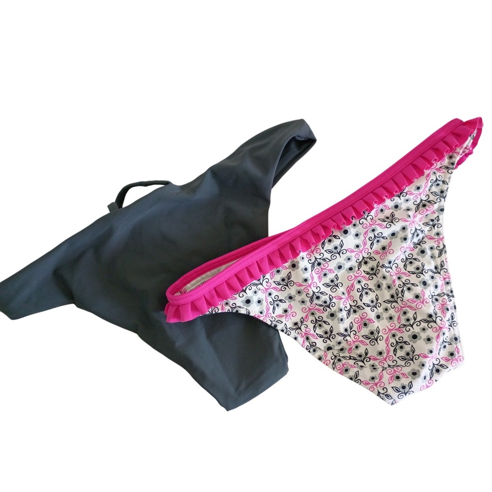 Freya Floral Ruffle Bikini Bottoms and Grey Strappy Swim Bottoms Set Size Small